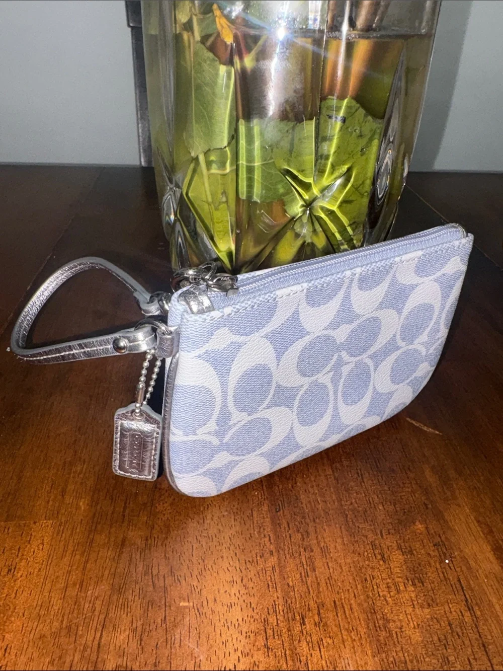 Coach Signature Canvas Wristlet in Light Gray and Cream. NWOT with COA